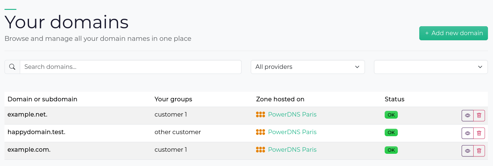 The new domains page with its title and table